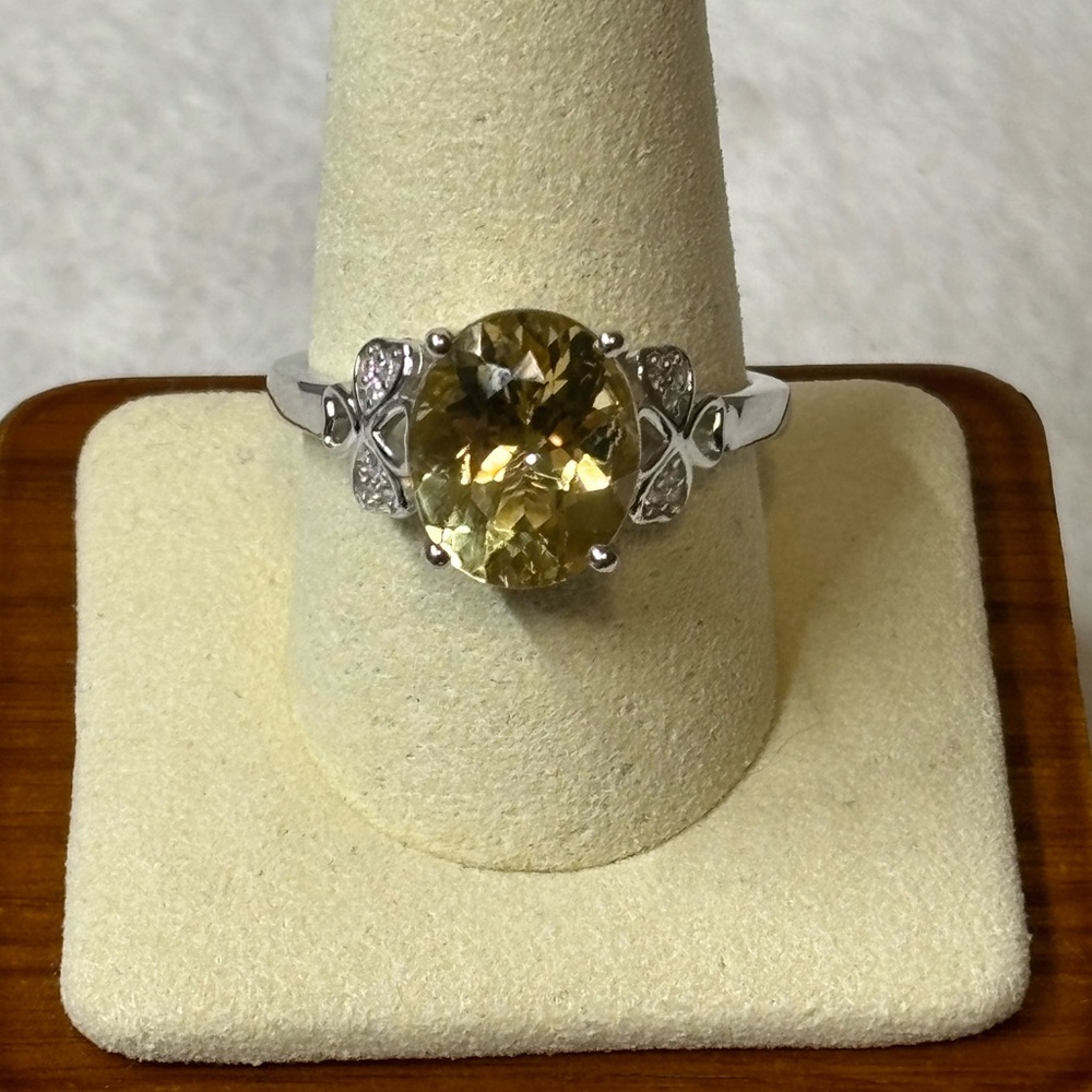 Genuine Yellow Labradorite Ring White Zircon Clover Leaf 925 Sterling Silver
